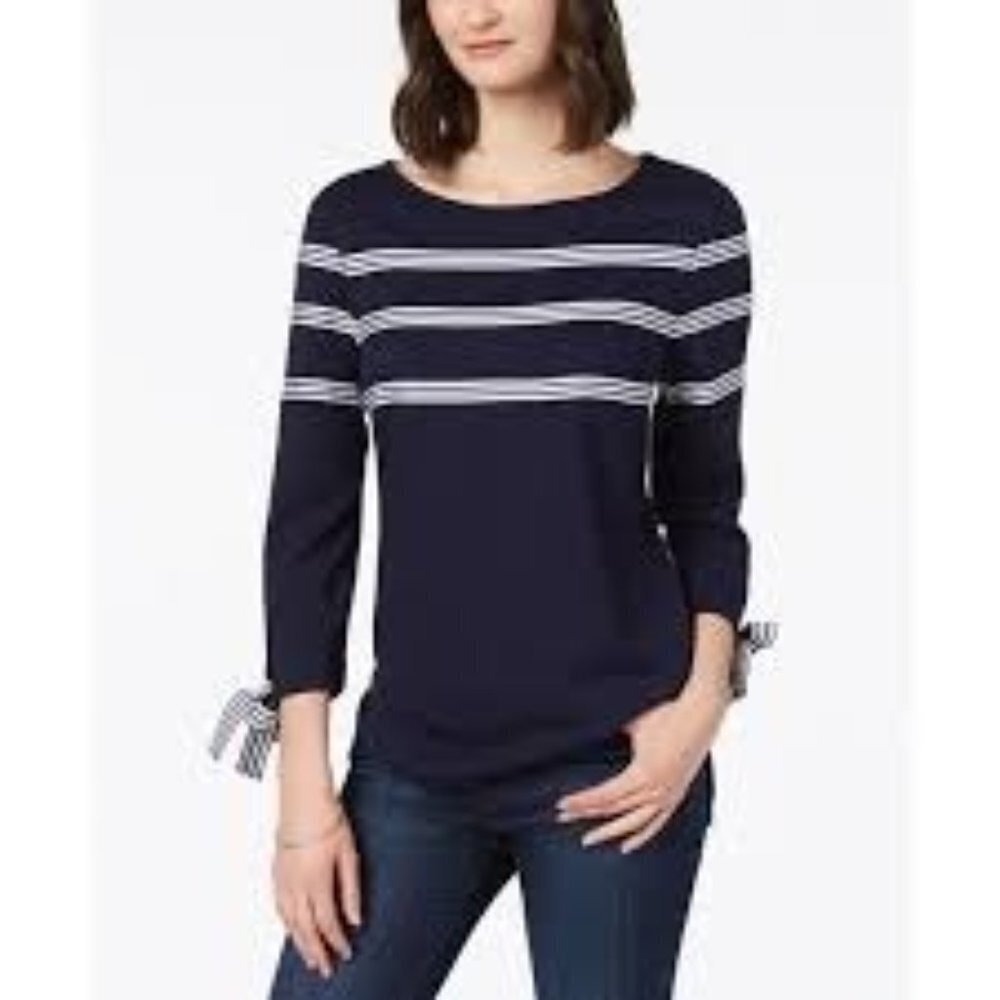 Charter Club Blue Shirt Stripes 3/4 Sleeves Tassles